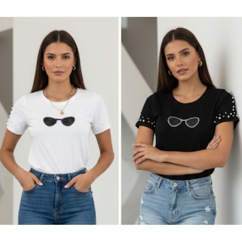 Miao Miao cotton t-shirts black white w sequined glasses pearl sleeves lot 2 342